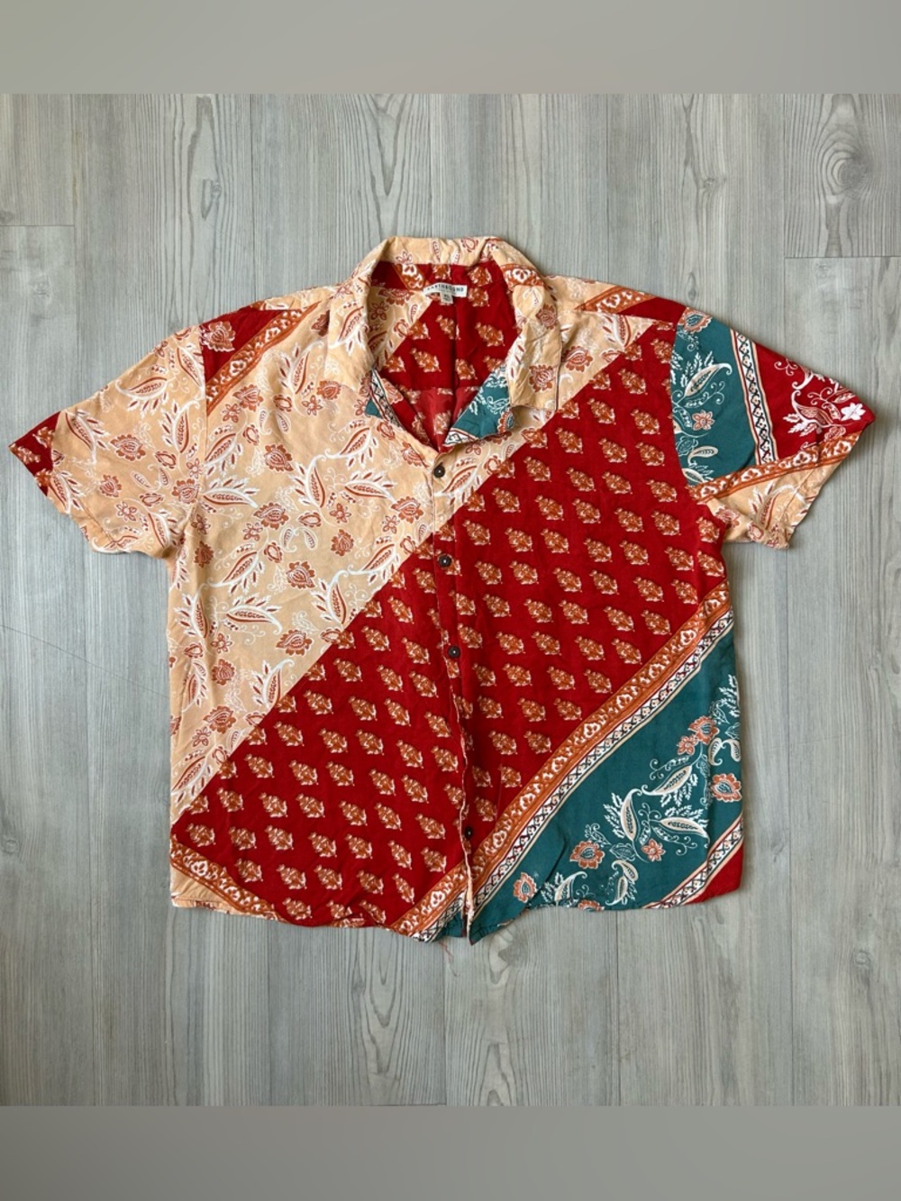 EARTHBOUND Patchwork Bandana Button-Up Shirt - Red, Peach, Teal